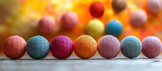 Fototapeta premium Colorful paper lanterns in a row, blurred background.