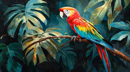 Vibrant macaw perched on branch amidst lush tropical foliage.