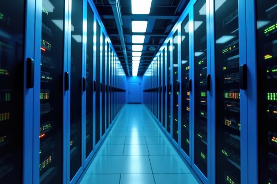 Modern Data Center Interior with Rows of Server Racks and Blue Lighting for Technology and Network Infrastructure Imagery