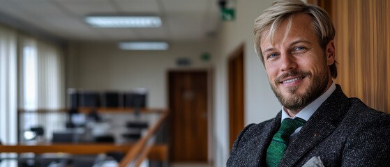Fototapeta premium Confident Businessman Smiling in Modern Office Corridor