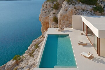 Fototapeta premium Modern Luxury Villa with Infinity Pool Overlooking Serene Blue Ocean and Rocky Cliffs