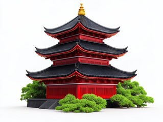 Fototapeta premium Vibrant red three-tiered pagoda surrounded by lush greenery in a tranquil outdoor setting