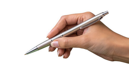 A close-up of a hand holding a sleek silver pen against a plain background, perfect for illustrating creativity and productivity.