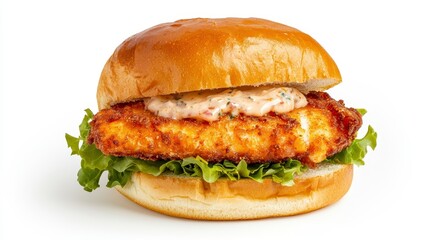 Crispy Fried Chicken Sandwich with Creamy Sauce and Lettuce on Toasted Bun
