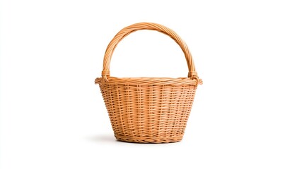Obraz premium A beautifully woven wicker basket with a sturdy handle, isolated on a white background, perfect for storage