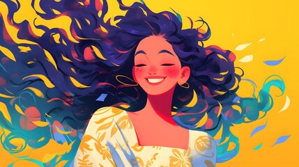 Smiling woman with wind-blown hair in a vibrant celebration