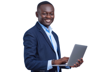 Professional businessman in a formal suit working on a laptop, isolated background