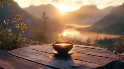 Serene Sunrise: A Warm Drink with Mountain Lake View