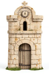 Fototapeta premium Charming stone tower with arched doorway and clock surrounded by lush greenery and rustic elements