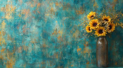 Sunflowers in vintage vase against teal textured wall.