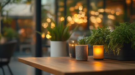 Wooden table with blurred bokeh from glowing fairy lights greenery in modern cafe ambiance, creating peaceful inviting atmosphere perfect for relaxing and cozy settings.