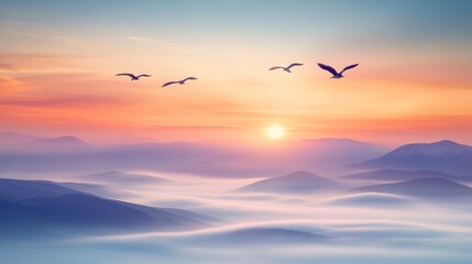 Serene Sunrise over Misty Mountains with Birds in Flight