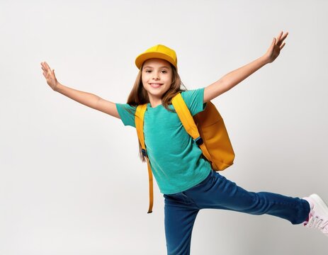 Energetic girl balancing with arms wide on white background