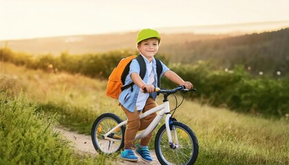 Fototapeta premium Happy boy riding a bicycle on a scenic countryside path