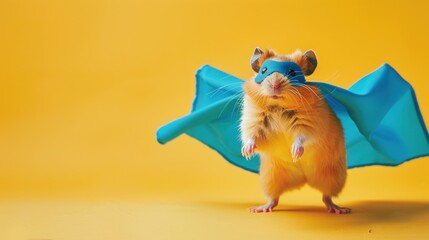 Cute orange hamster in a blue cape jumping on a yellow background, AI generated image