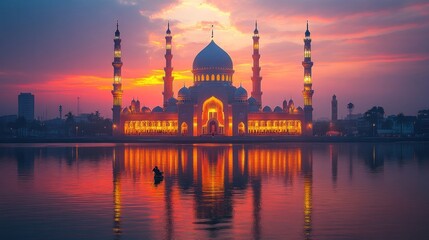 Illuminated Mosque Sunset Reflection Cityscape