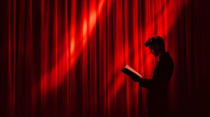 Enchanting Silhouette of Storyteller Behind Red Curtains
