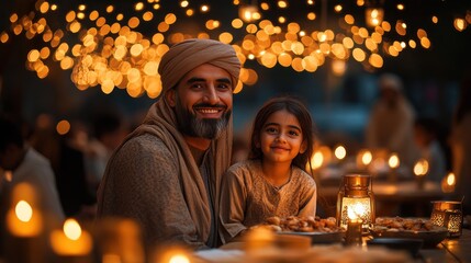 Festive father, daughter, Middle Eastern, dinner, lights, celebration, portrait