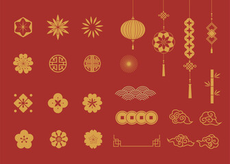 Set of Chinese New year decorations, flowers, lanterns, clouds, elements and vector
icons