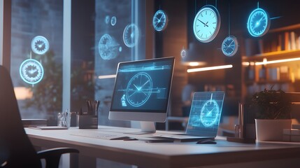 Naklejka premium A modern workspace with floating clocks and holograms of celebration, marking the completion of a project