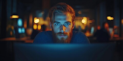 Focused man working late on laptop.