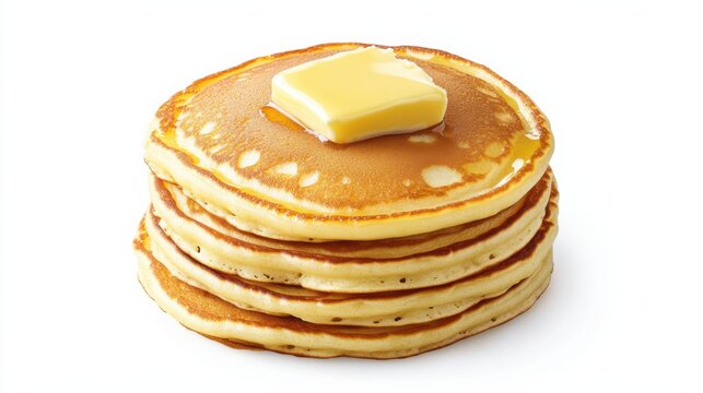 A stack of golden, fluffy pancakes topped with a pat of melting butter, Each pancake&rsquo;s airy texture and warm hue captured with precision