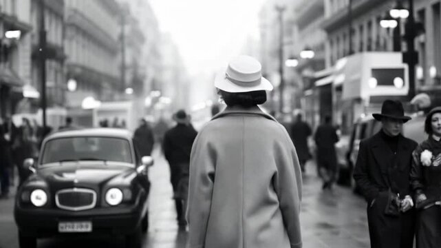 young woman walking in paris in 1950. monochromatic video vintage, looks at the camera and then turn around walking away