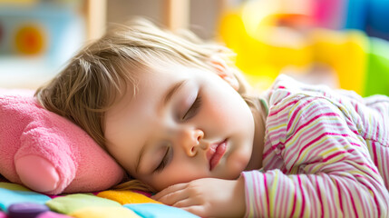 Baby Girl Sleeping on Colorful Mattress at Daycare Center.