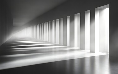 Obraz premium Long corridor with light streaming through doorways.