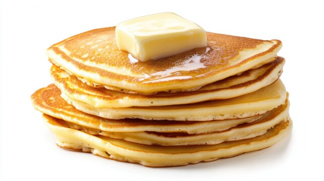 A stack of golden, fluffy pancakes topped with a pat of melting butter, Each pancake&rsquo;s airy texture and warm hue captured with precision