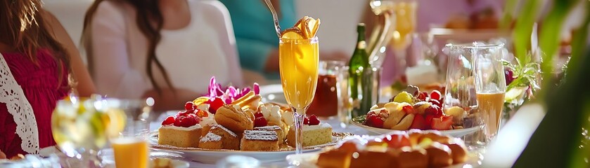 A Festive Table Setting with Orange Juice, Fruit, and Pastries