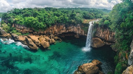 Beautiful waterfall view, AI generated image