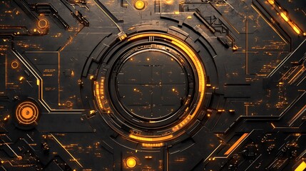 Abstract background of digital technology with metallic plates and scattered particles glowing in dark space