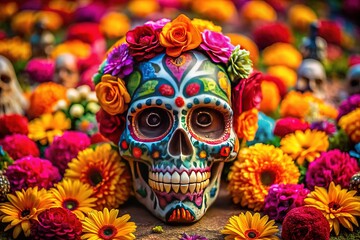 AI Day of the Dead skull, floral detail, high depth.