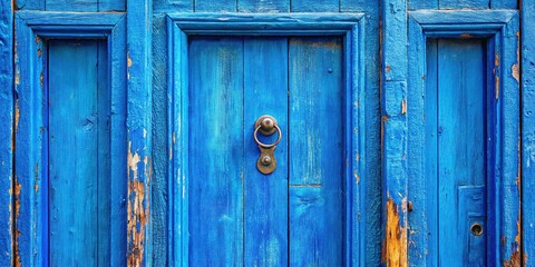 AI-enhanced photo:  antique blue door, house, 73-rule composition.