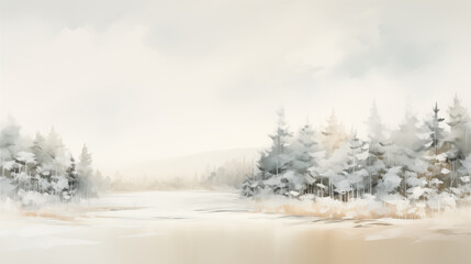 Fototapeta premium tonalism painting of a snowy winter landscape with snowy fir trees, muted soft neutral color palette, calm, serene 16:9 landscape background
