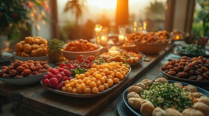 Sunset buffet table, diverse food, garden view, event catering