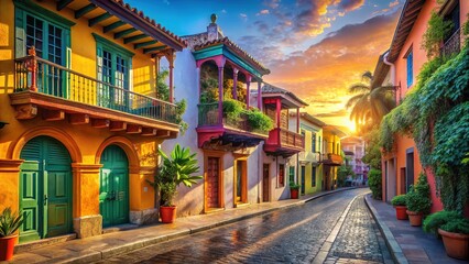 Naklejka premium AI image: Cartagena's colonial streets, vibrant houses.