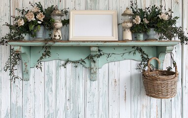 Naklejka premium Rustic shelf with flowers, frame, and basket.