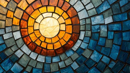 Fototapeta premium Abstract Stained Glass Mosaic with Radiant Sunburst Center in Warm Yellow, Orange, and Cool Blue Tiles, Featuring Geometric Patterns Reflecting Energy and Harmony in a Dynamic Composition.