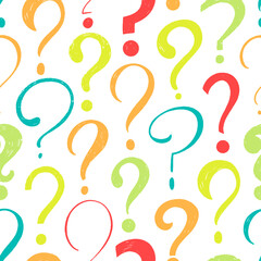 Colorful funky question marks seamless pattern drawn by crayon. Hand drawn vector question marks seamless banner design. Typography symbols wallpaper. Vector ink illustration.