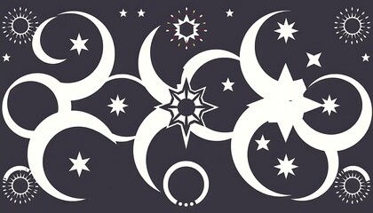Celestial Abstract Design Featuring Moons Stars and Suns