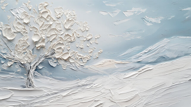 Simplistic white and blue heavy impasto painting of a 16:9 white snowy winter landscapes with contemporary illustration