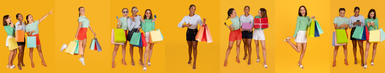 A vibrant collage showcases groups of women joyfully displaying their shopping bags after making purchases during a busy Black Friday sale. Colorful outfits highlight their excitement and enthusiasm.