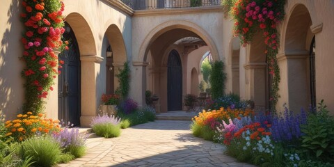 Arches entrance with colorful flowers leading to a serene courtyard, flower garland, peaceful ambiance