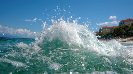 Obraz premium Ocean wave crashing, beach scene, summer vacation, coastal buildings