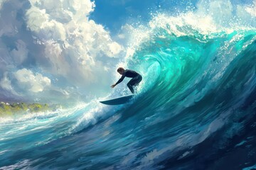 A surfer riding a turquoise barrel wave with perfect form and an intense focus on his face.