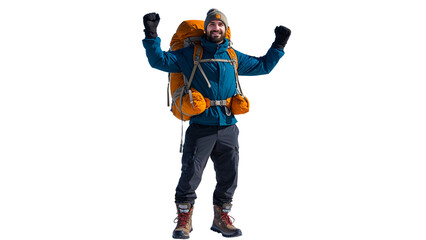 Traveler with backpack on snowy mountain peak on transparent background