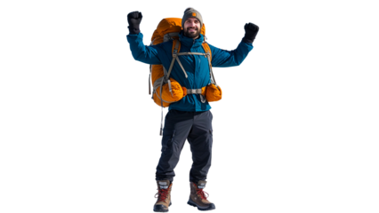 Traveler with backpack on snowy mountain peak on transparent background