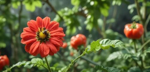 Bee collecting nectar from a bright red tomato blossom in a lush green garden, organic tomato, nature, bee